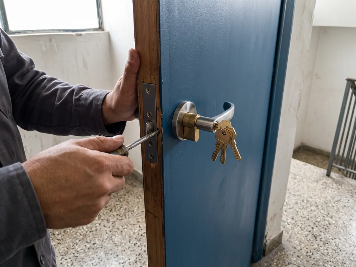Cerrajero atornillando una cerradura nueva en una puerta de madera, con cilindros y llaves nuevas ordenados sobre un paño