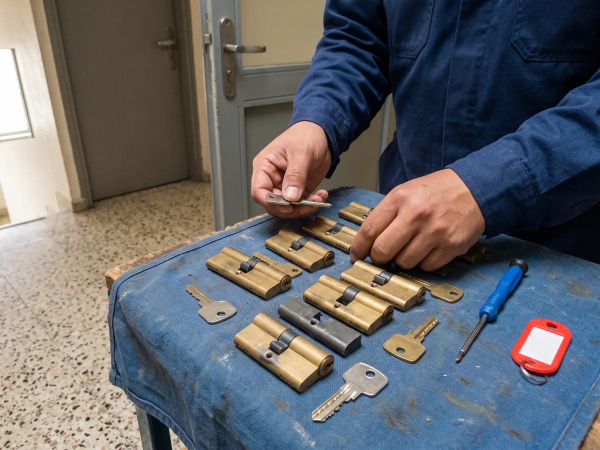 Juego de cilindros numerados y un plano de maestreo sobre el mesón de conserjería de un edificio