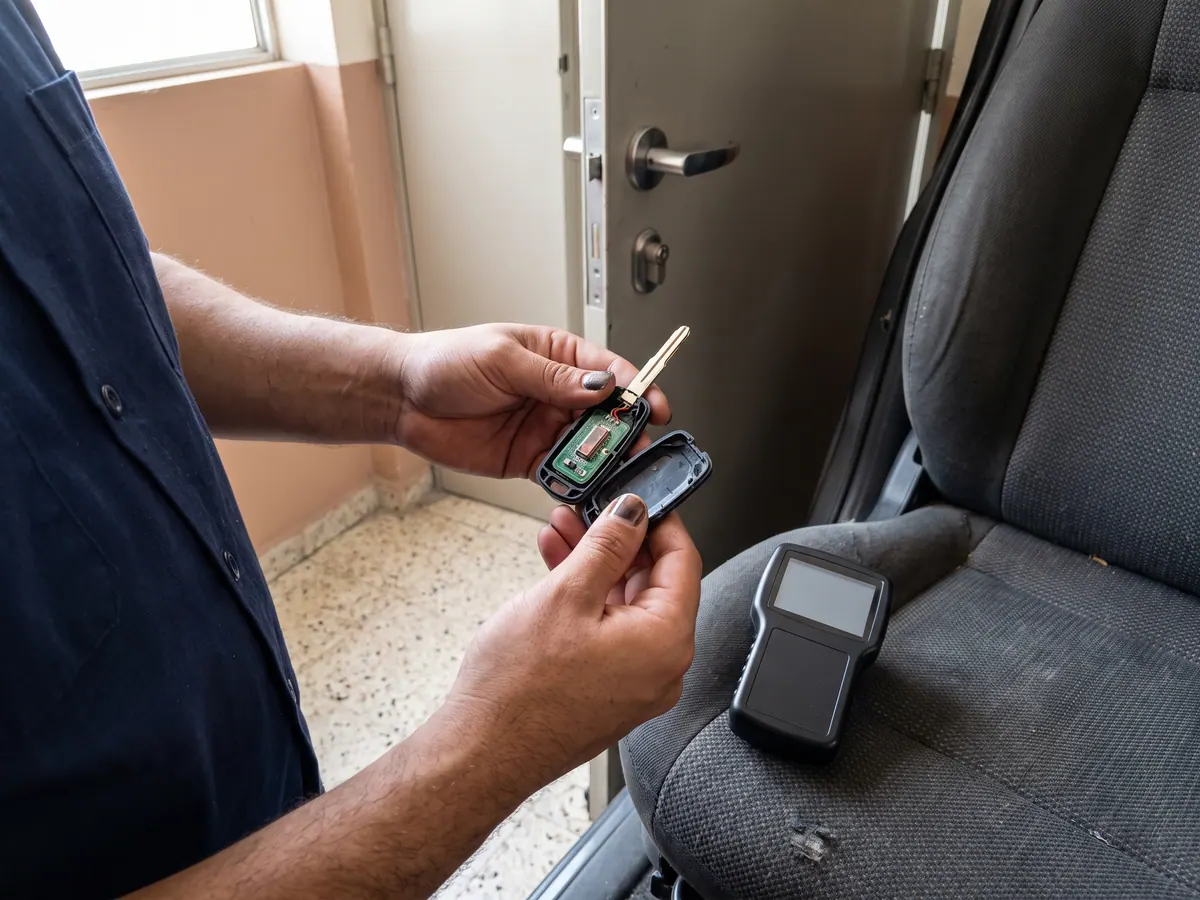 Equipo de codificación conectado al conector de diagnóstico de un auto, con una llave nueva y su carcasa sobre el asiento