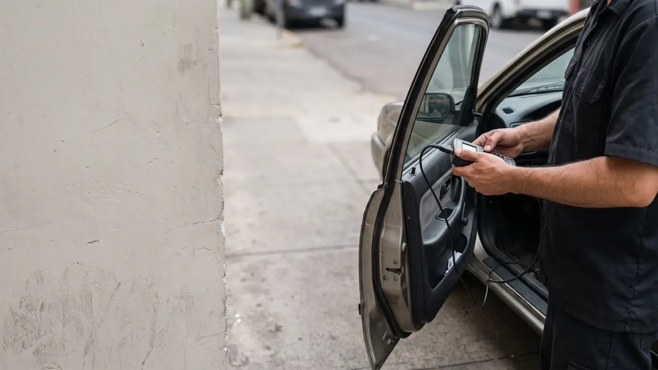 Llave de auto con telemando y chip transponder sobre el tablero de un vehículo estacionado en una calle de Santiago