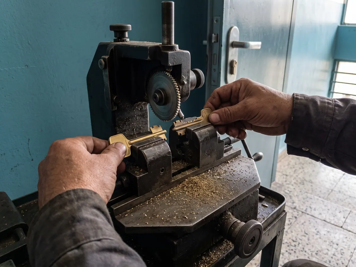 Manos comparando una llave original con su copia recién cortada frente a la cerradura de una puerta de departamento